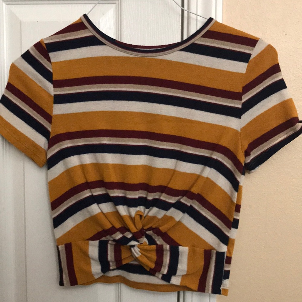 Red, blue,and cream half belly shirt